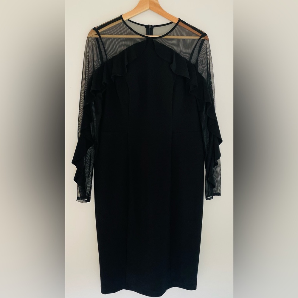 R & M Richards long sleeve Black Illusion Ruffle Sheath Dress